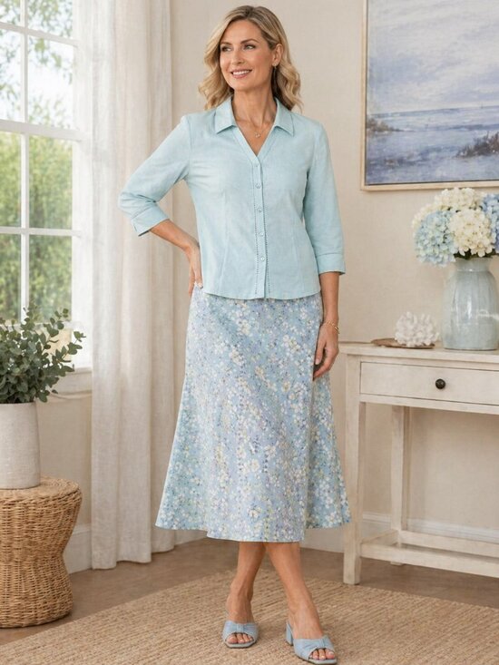 villager Tops - Vintage Villager Light Blue 3/4 Sleeve Button Up Linen Blend Blouse Womens 14